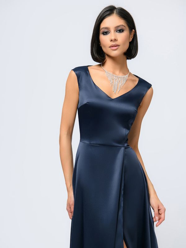 Dark blue maxi length dress with imitation flare