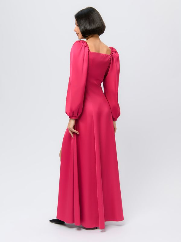 Raspberry colored maxi dress with rectangular neckline and slit on skirt