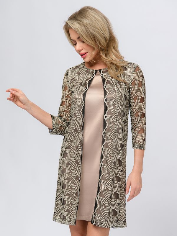 Beige colored mini length dress with gold embroidery and 3/4 sleeves