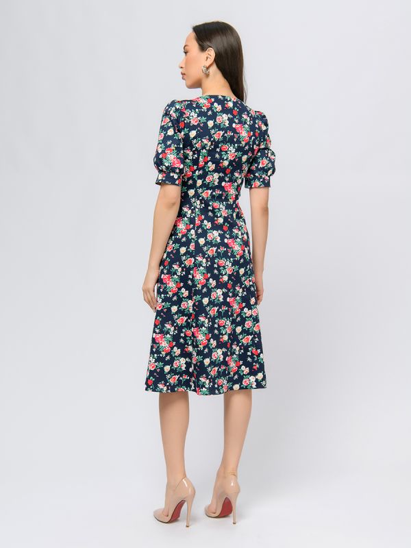 Dark blue midi length dress with floral print and V-neckline