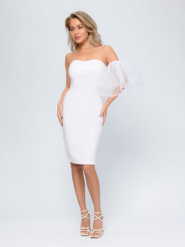 White midi length flare dress with detachable voluminous sleeves