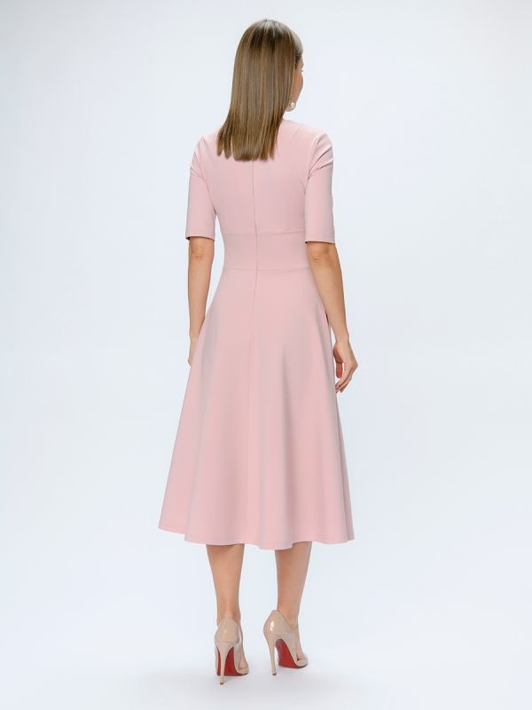 Pink midi length dress with deep neckline and 1/2 sleeves