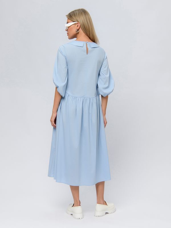 Blue color dress with puffed sleeves and high waist