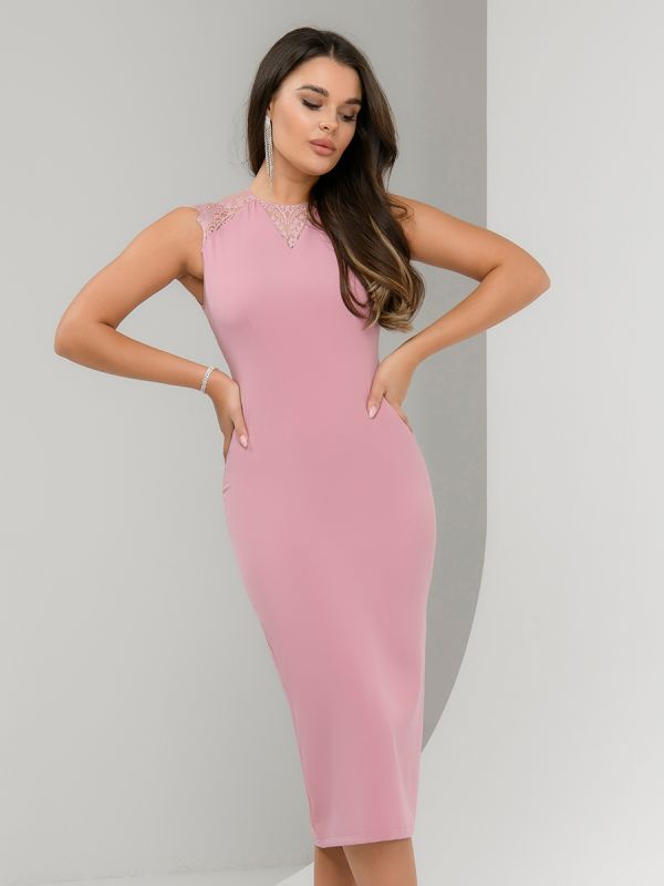 Pink midi length midi dress with lace inserts