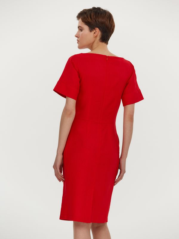 Red mini length dress with short sleeves and pockets