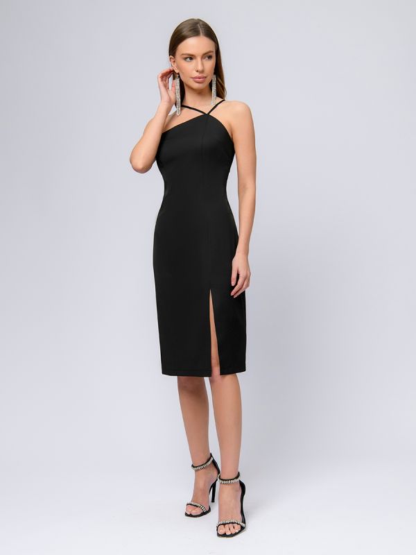 Black strappy midi length dress with slit skirt