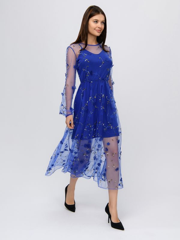 Blue midi length dress with tulle trim