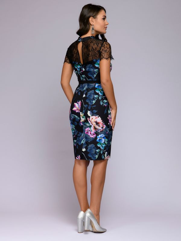 Black mini length dress with lace trim and floral print