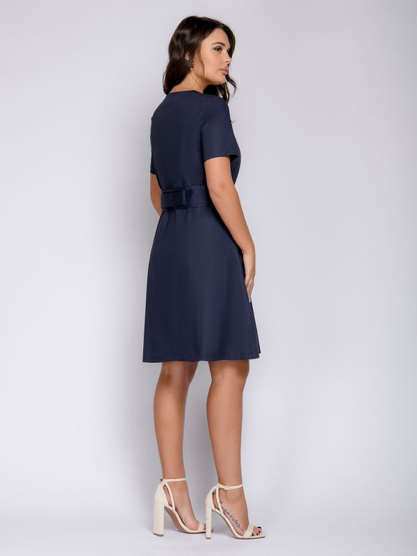 Dark blue dress with short sleeves and waistband