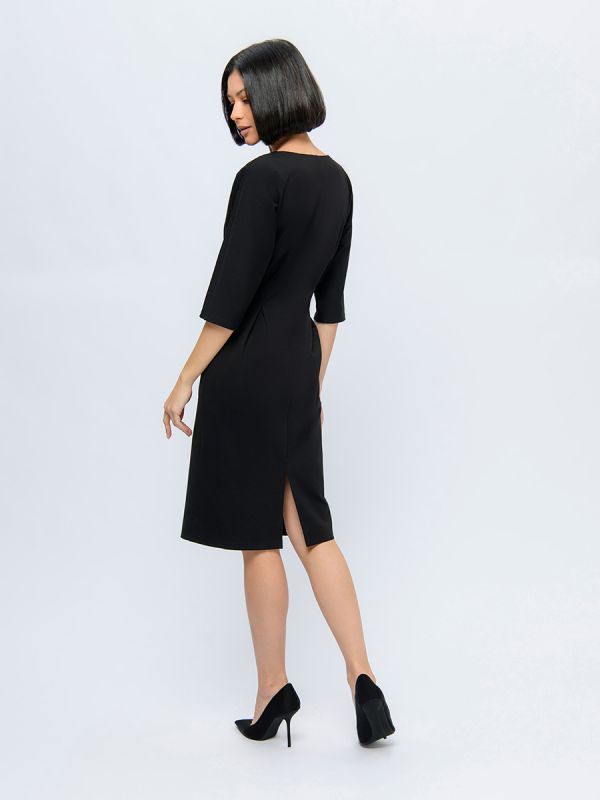 Black midi length dress with waist flaps and 3/4 sleeves