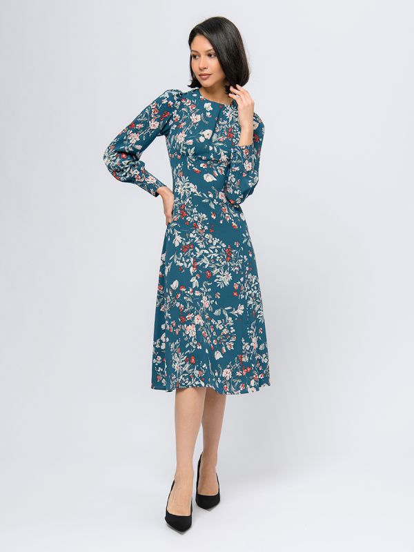 Turquoise colored midi length dress with floral print