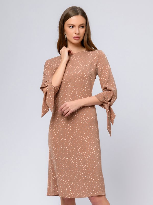 Mocha color polka dot mini dress with ties on the sleeves