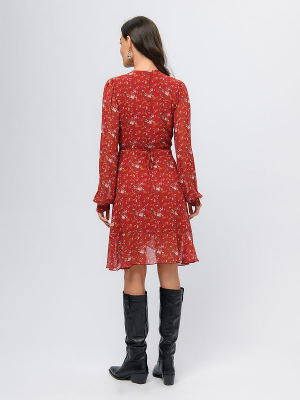 Red floral print mini length dress with flare and long sleeves