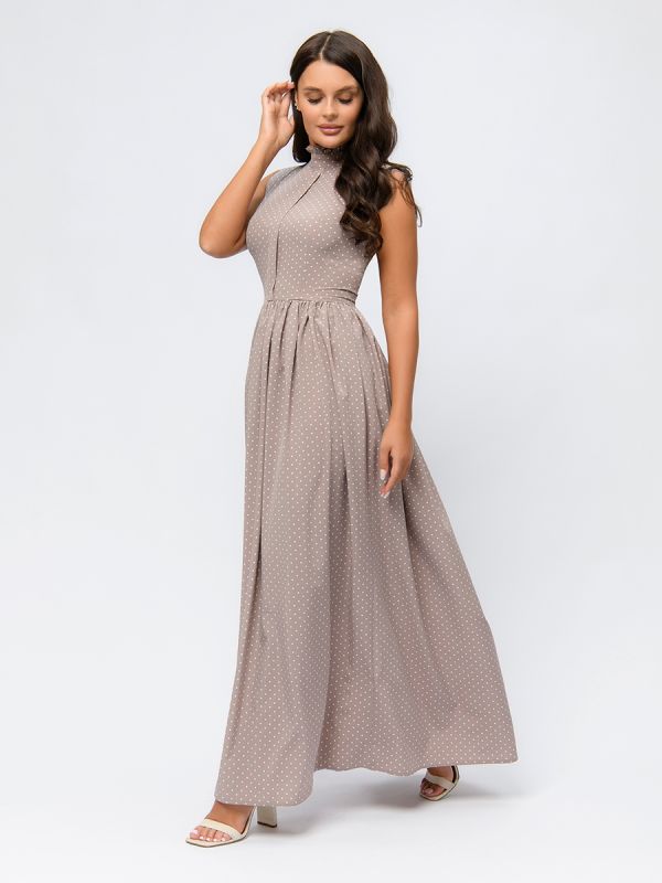 Beige polka dot maxi length sleeveless dress