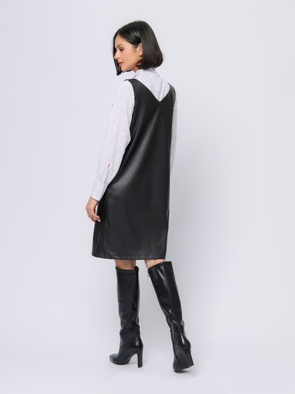 Sleeveless black faux leather mini length dress with loose silhouette