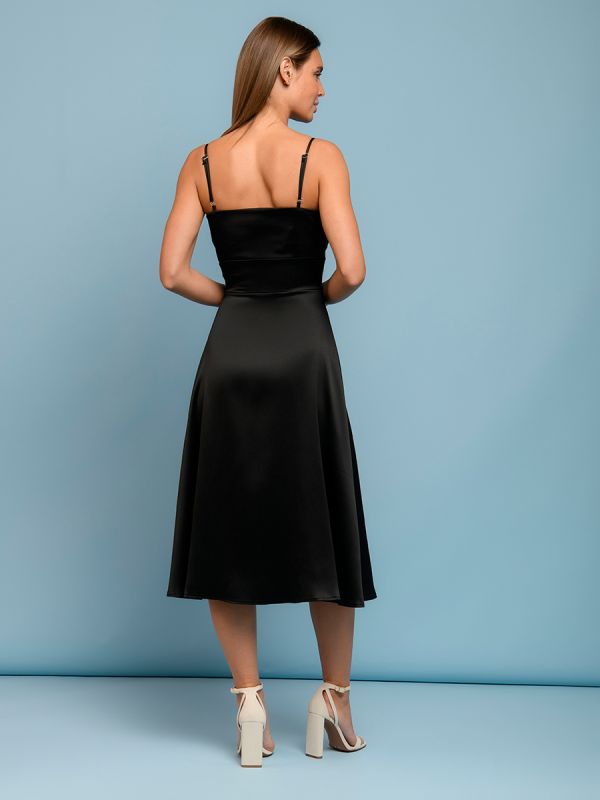 Black strappy midi length dress with deep neckline