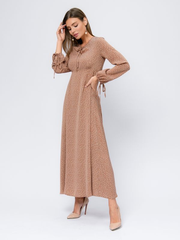 Long-sleeved mocha polka dot dress