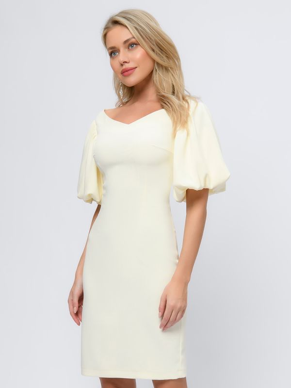 Vanilla color mini length dress with voluminous sleeves and open shoulders