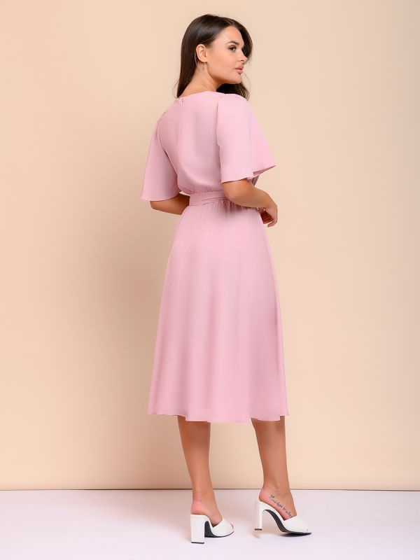 Dusty rose colored midi length dress with V-neckline