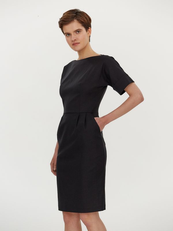 Black mini length dress with short sleeves and pockets