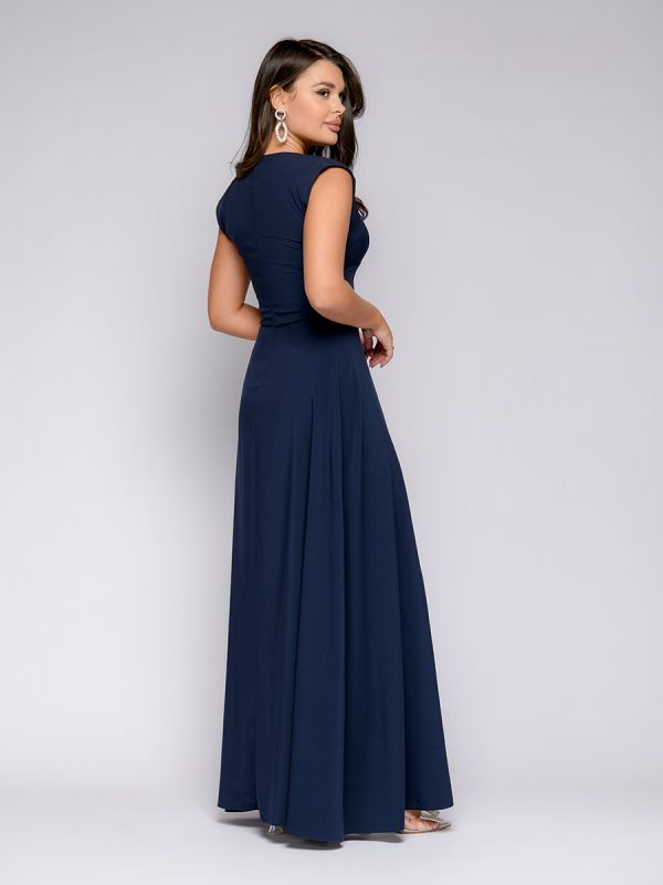 Dark blue maxi length dress with deep neckline