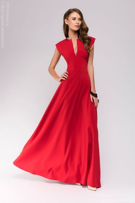 Red maxi length dress with deep neckline