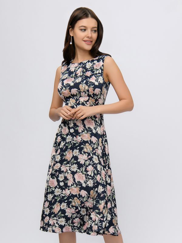 Dark blue print midi length sleeveless dress