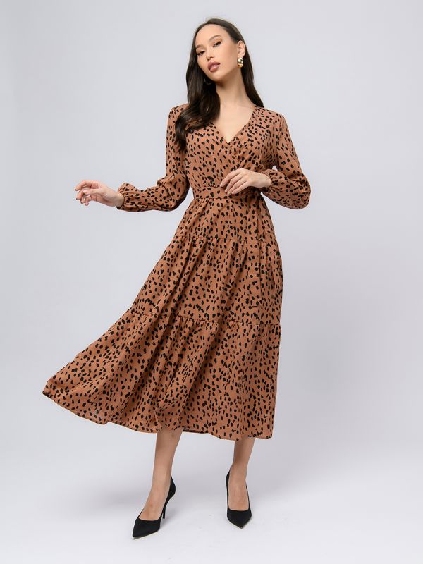 Brown color print midi length dress with flare and long sleeves