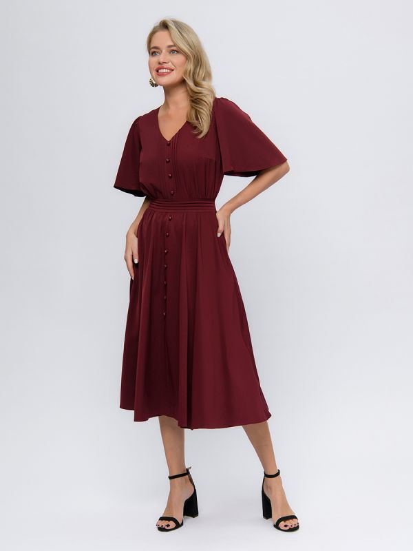 Plum colored midi length dress with V-neckline