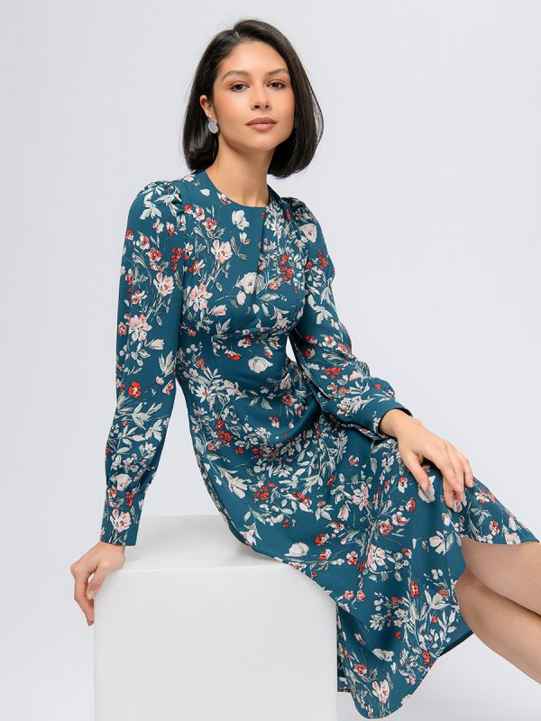 Turquoise colored midi length dress with floral print