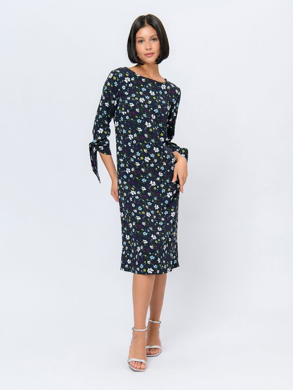 Blue mini length dress with floral print and sleeve ties