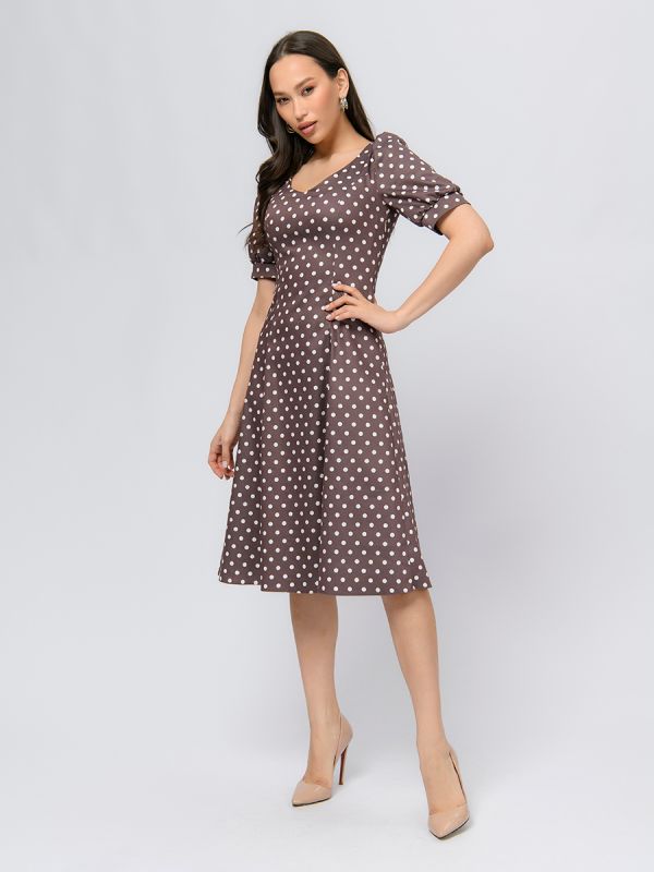 Beige polka dot midi length dress with V-neckline