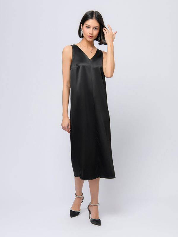 Black color midi length dress with V-neck and sleeveless