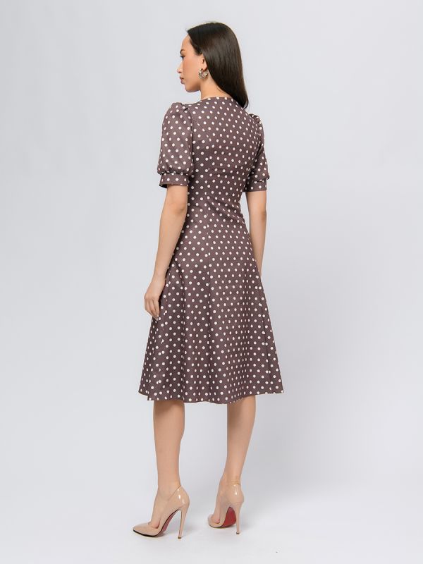 Beige polka dot midi length dress with V-neckline