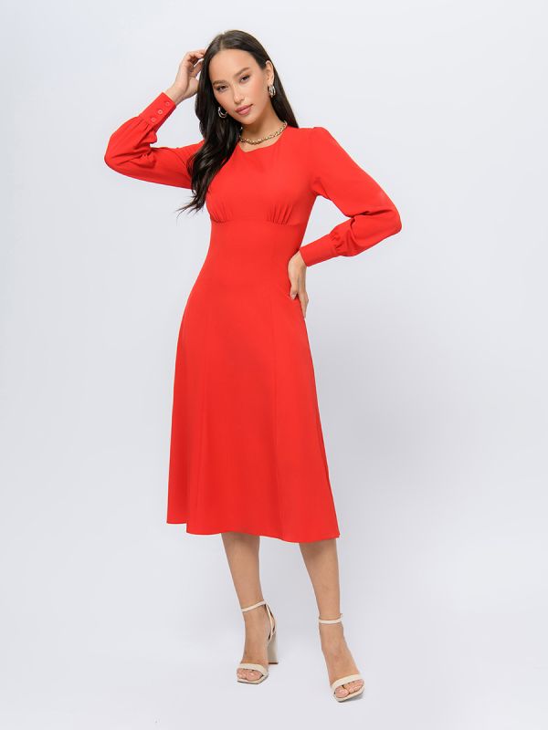 Red colored midi length dress with long sleeves