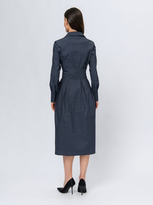 Dark blue midi length dress with print and stand-up collar