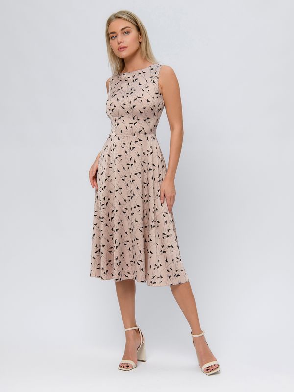 Beige print midi length sleeveless dress