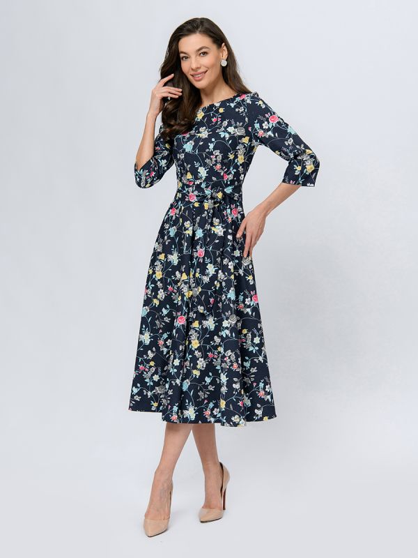 Navy blue midi length dress with floral print