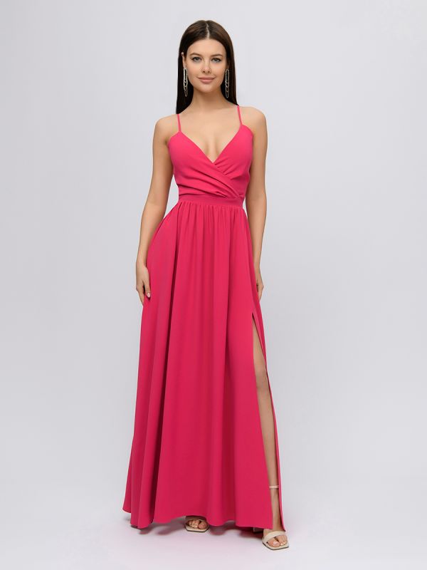 Fuchsia colored strappy maxi dress with slit skirt