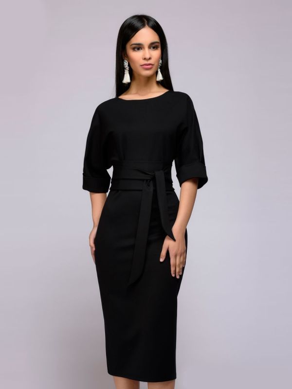 Black midi length dress with belt and batwing sleeve