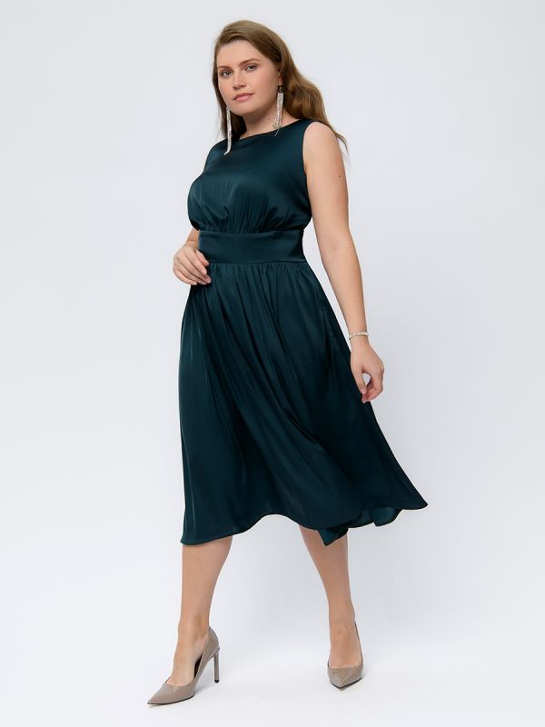 Dark green sleeveless midi length dress