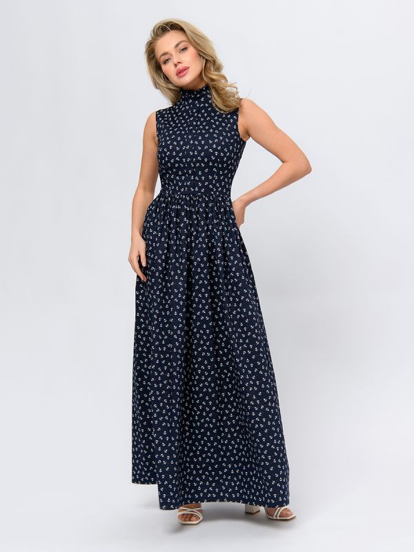 Sleeveless navy blue maxi length print dress