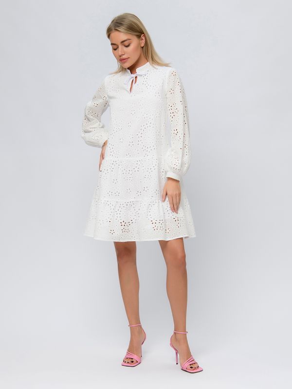 White mini length dress with long sleeves and flounce