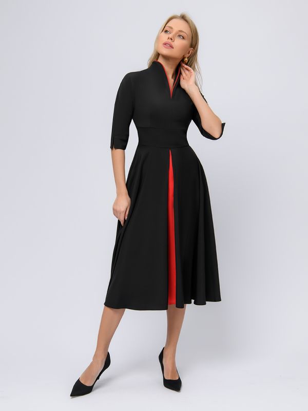 Black colored midi dress with red inset