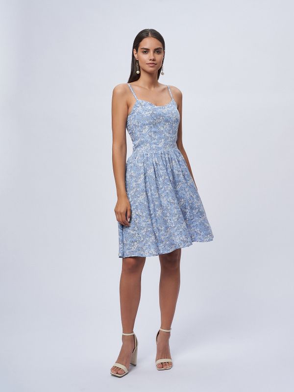 Mini length blue floral print dress with straps