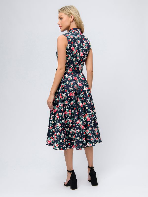 Dark blue floral print midi length sleeveless dress