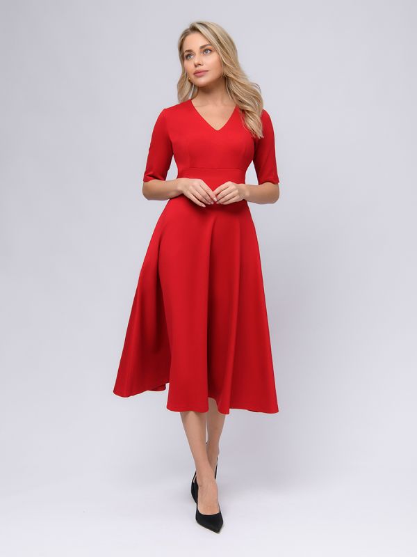 Red midi length dress with deep neckline and 1/2 sleeves