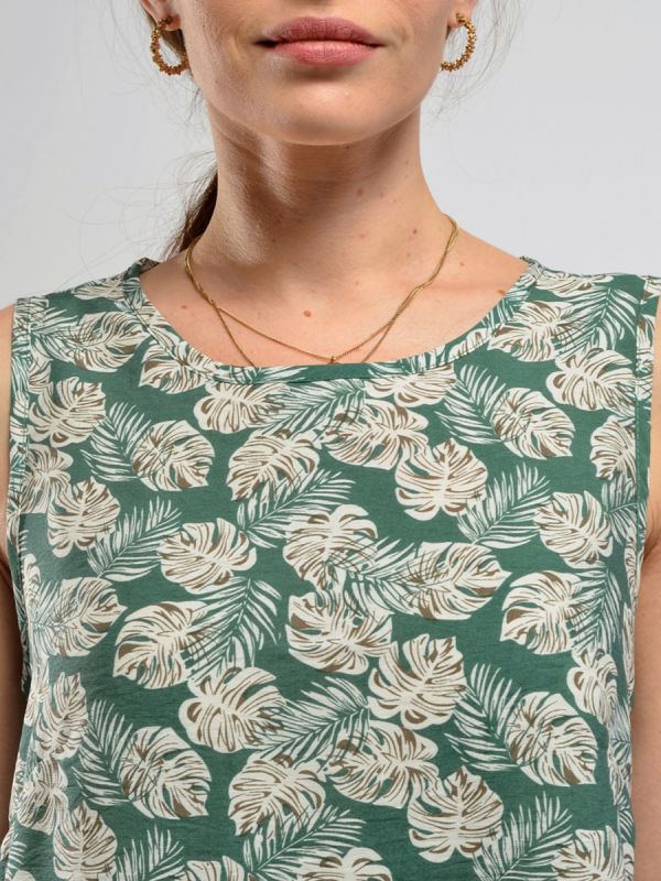 Sleeveless green printed mini length dress