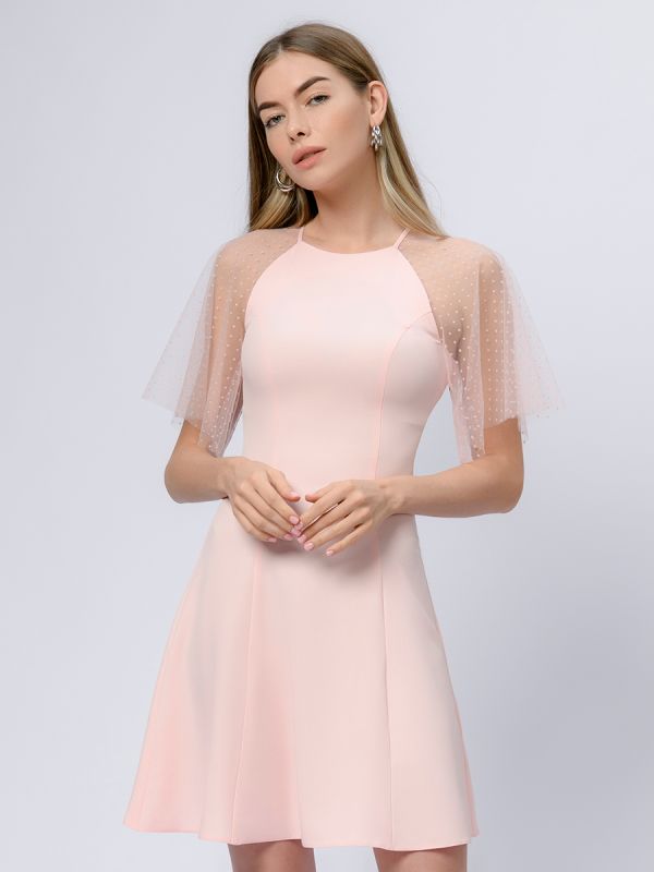 Pink mini length dress with tulle sleeves