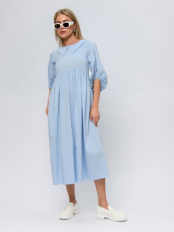 Blue color dress with puffed sleeves and high waist